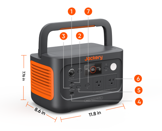 The image features the Jackery Explorer 600 Plus Portable Power Station, designed for robust outdoor use. It has a display screen, power input, USB ports, DC output, AC outlets, and an air vent. Its dimensions are 11.8" W x 8.6" D x 7.76" H.