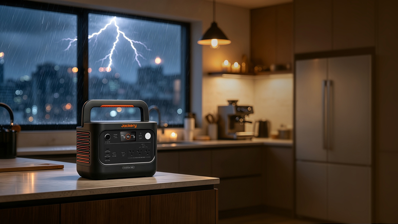 Jackery portable power station on a kitchen island during a rainy lightning storm