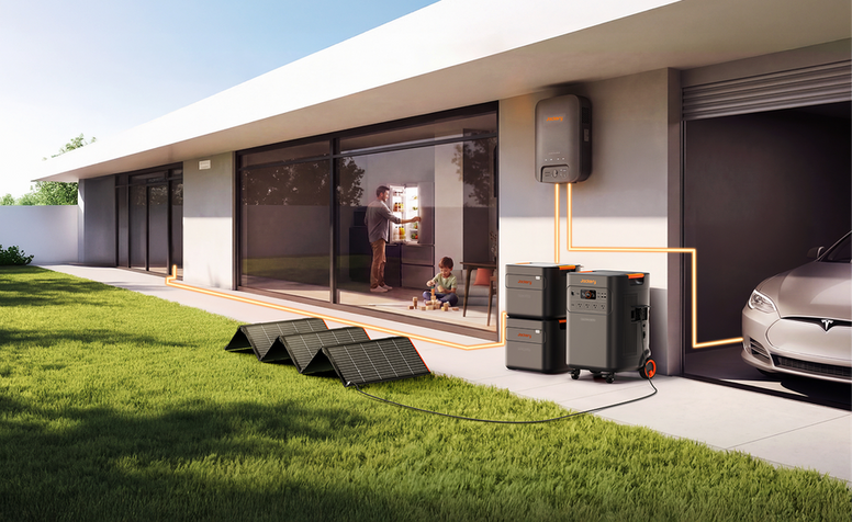 Modern home with portable power stations, solar panels, and an electric car in a garage