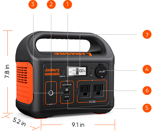 The Jackery Explorer 300 Plus Portable Power Station is compact at 7.8" x 9.1" x 5.2", offering solar charging, two AC outlets, a DC input, display screen, and USB port for versatile on-the-go use.