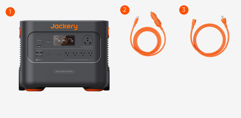 Image of the Jackery Explorer 2000 Plus Portable Power Station with a durable LiFePO4 battery and two orange cables. It includes AC outlets and USB ports, and the versatile cables have varied connectors for solar or device charging.