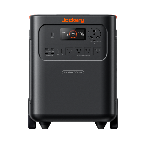 Jackery HomePower 3600 Plus power station, front view showing its display and AC outlets.