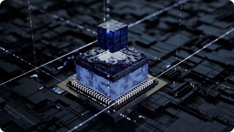 A digital illustration of a microchip with a blue cubic structure on top, set on a dark, circuit-like background, mimics the efficiency of solar charging. The futuristic design's intersecting lines and glowing dots evoke the Jackery Explorer 300 Plus Portable Power Station.