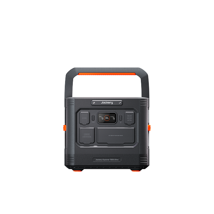 Genuine Jackery Explorer 1500 Ultra with its carrying handle, display and protective outlet covers.