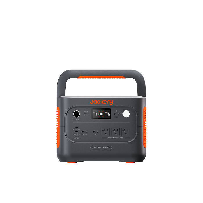 Front view of the Jackery Explorer 1500 v2 showing its three AC outlets, display, and carrying handle.