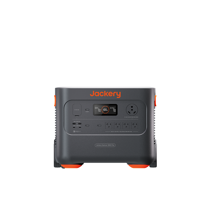 Front view of the Jackery Explorer 2000 Plus portable power station, with its display and US AC outlets visible.