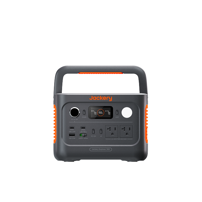 Genuine Jackery Explorer 300 v2 portable power station with carrying handle, front AC outlets, and orange side details.