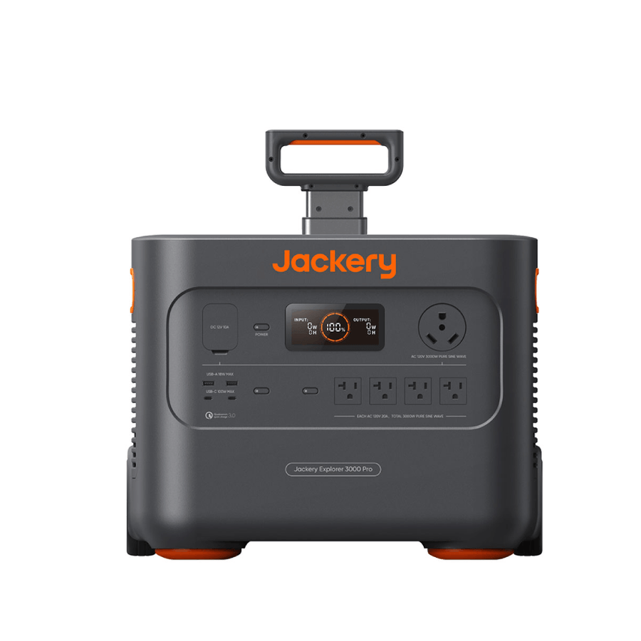 Jackery Explorer 3000 Pro portable power station, front view with the telescoping trolley handle extended, showing the 12 V car socket and power button, the rectangular status display with input and output readouts, a round high-current outlet on the right, USB-A and USB-C ports, and a row of four AC outlets, with ribbed side vents and orange feet.