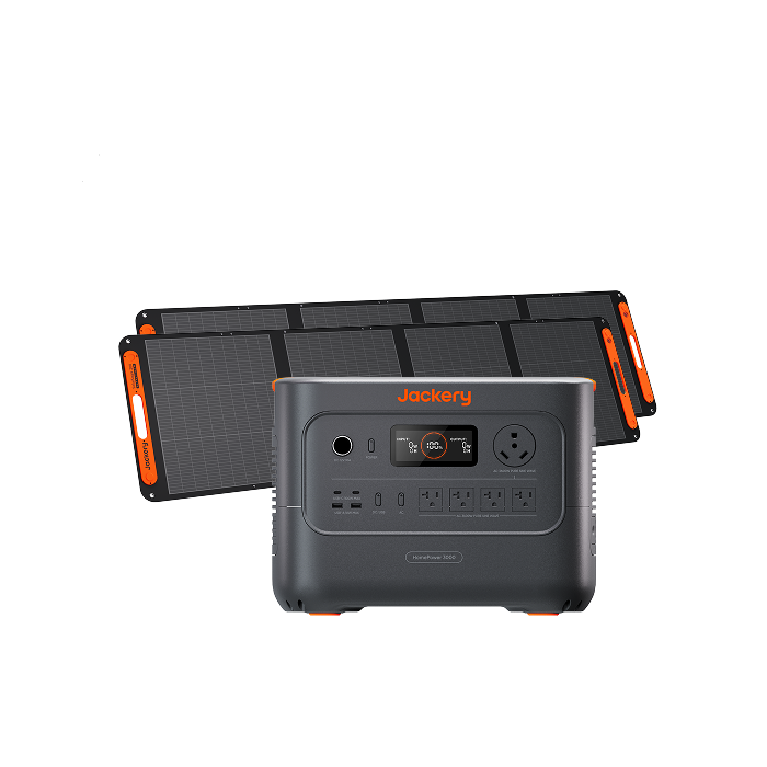 Jackery HomePower 3000 power station with two folding solar panels.